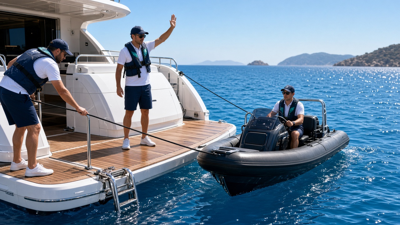 Bosun and junior deckhand running a tender launch from a superyacht swim platform in bright sunshine