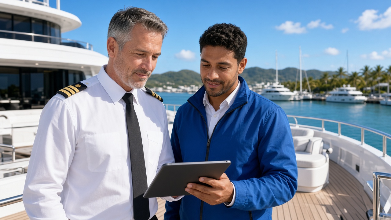 Captain and deckhand reviewing a charter schedule on a tablet in a Caribbean marina