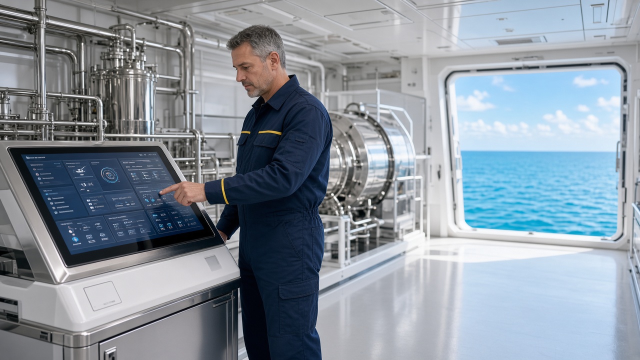 Chief engineer at a touchscreen in a bright superyacht engine room